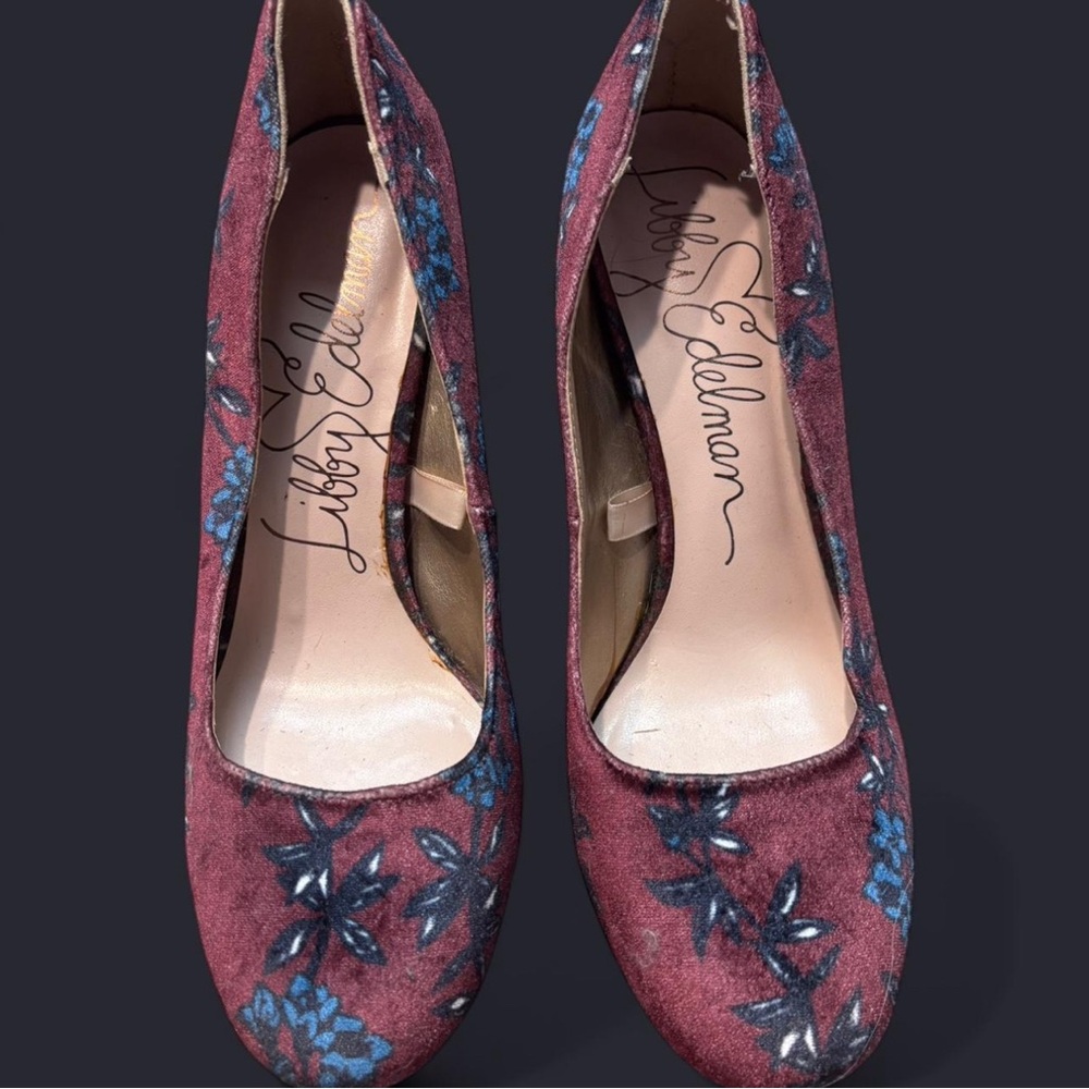 Libby Edelman Red and Blue Heels with Butterfly Design